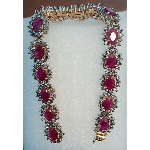 Natural Ruby & Diamond 14K Solid Yellow Gold over 14K Solid White Gold Bracelet - Picture 7 of 13